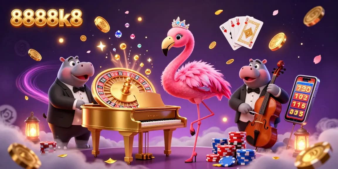 Engage with 8888k8's thrilling casino scene featuring vibrant characters and dynamic gaming elements.