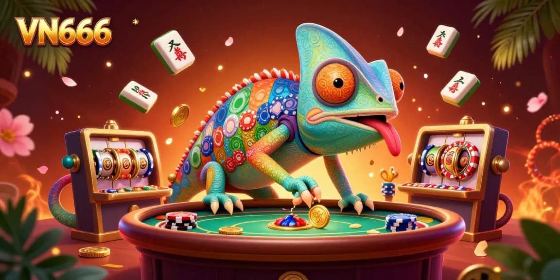 Win big with VN666's vibrant casino scene featuring a chameleon owner and slot reels.