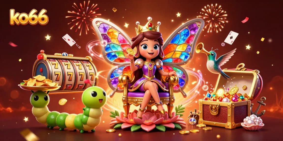 Engage in the vibrant world of ko66 with a lively casino illustration featuring a butterfly queen and animated games.