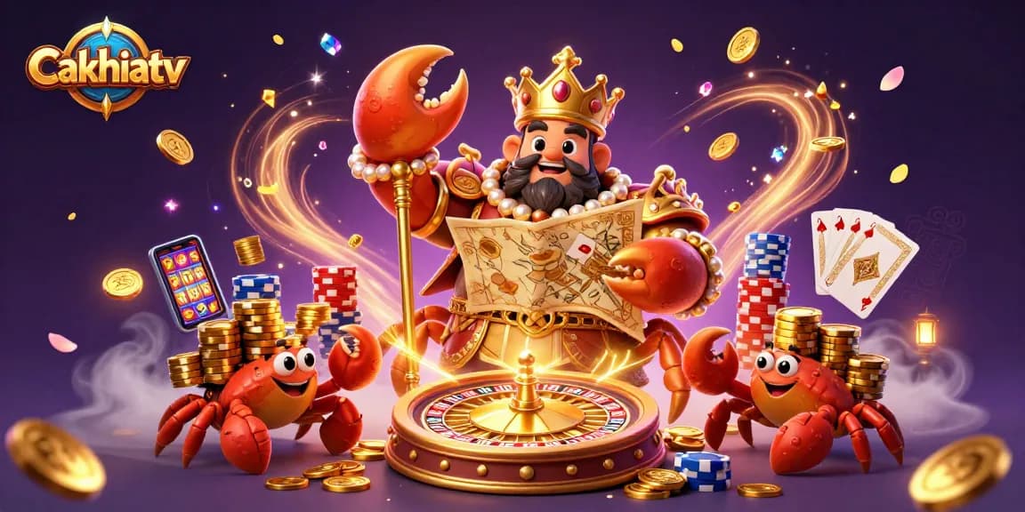 Cakhiatv features a massive golden crab emperor overseeing a vibrant casino scene with treasures and treasures, enhancing the gambling excitement.
