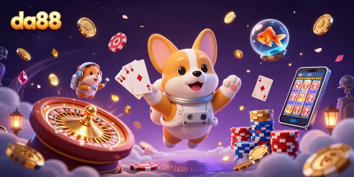 da88 casino scene with a floating corgi, coins, and gem stones in dynamic action