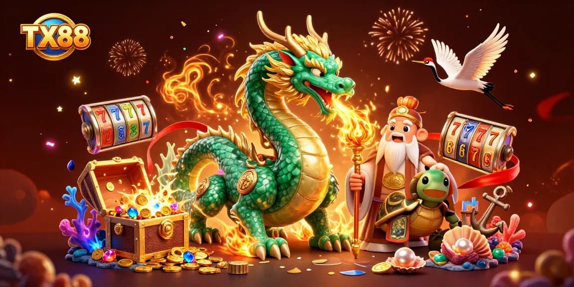 Win big with TX88 at our casino, featuring a lively scene of dragons, turtles, and slot reels.