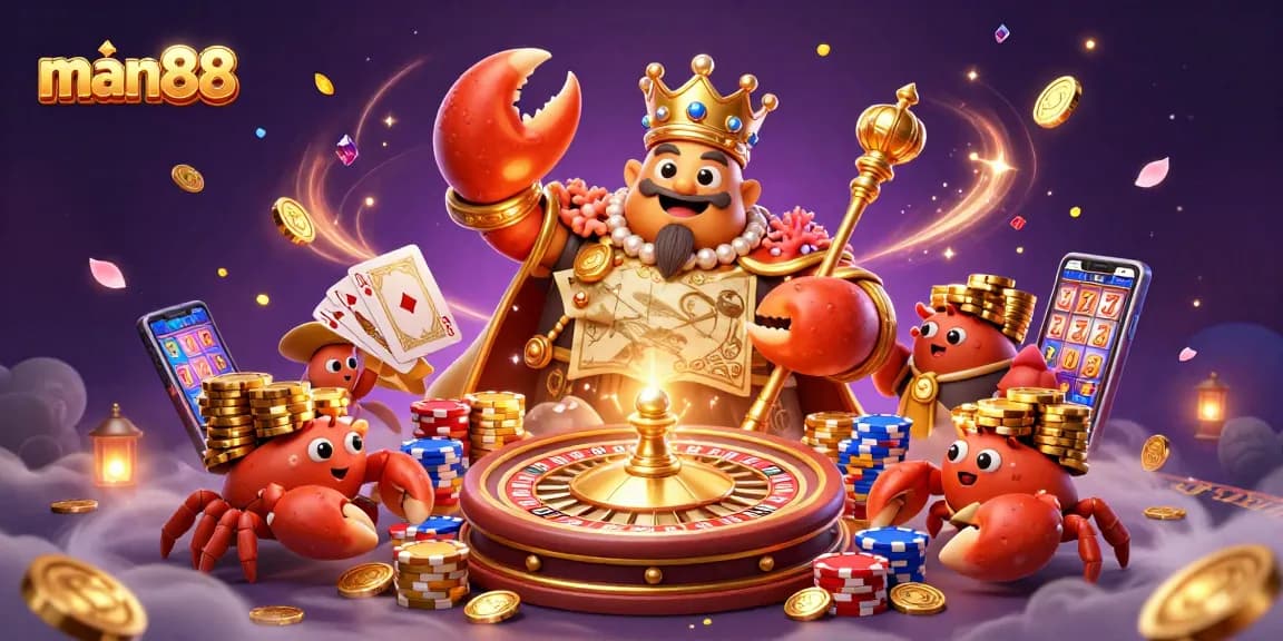 Experience man88's thrilling gameplay as a giant golden crab emperor leads a vibrant casino scene.