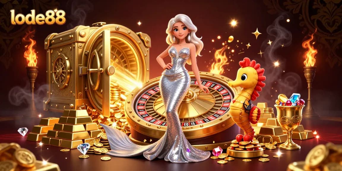 Experience thrilling games at lode88 with a dazzling scene featuring a glamorous woman and a golden roulette wheel.