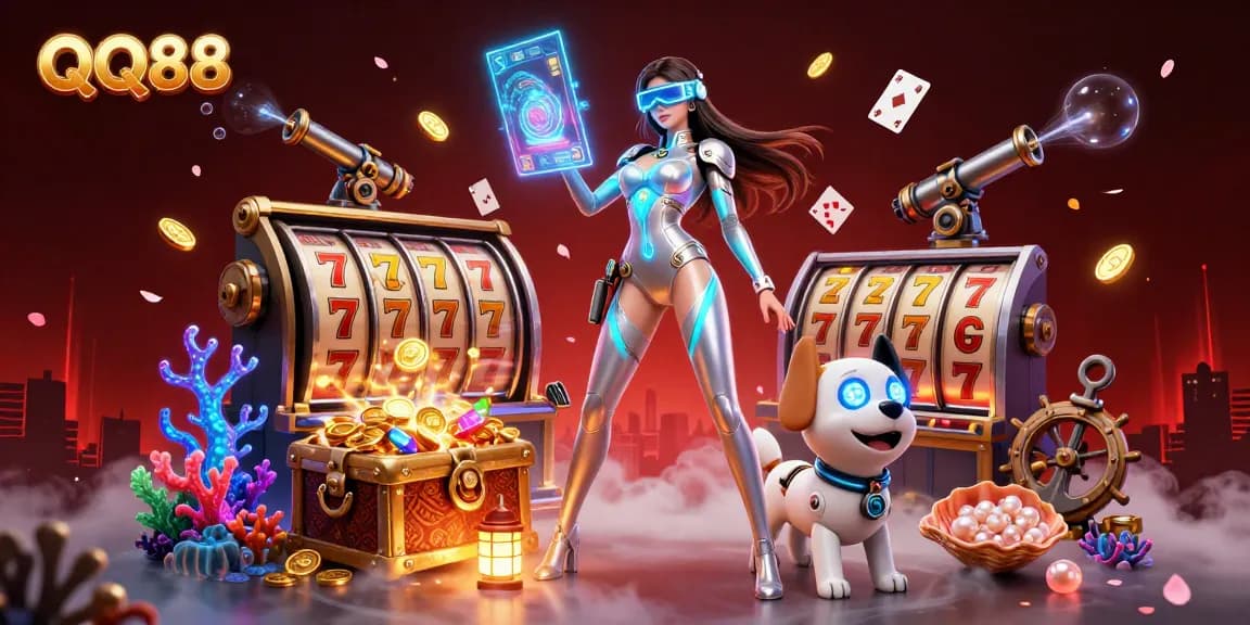 Experience thrilling slots at QQ88 with a futuristic woman and a robot dog in a vibrant 3D casino.