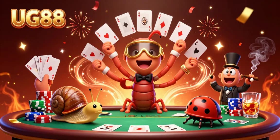 UG88 showcases a vibrant casino scene with a cartoon dealer and high-roller, surrounded by festive gaming elements.