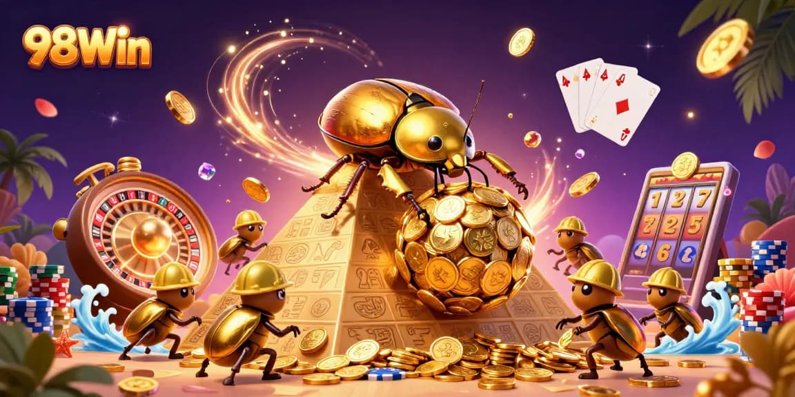 Experience the exciting 98Win casino with goldencoins, beetles, and lively casino elements.