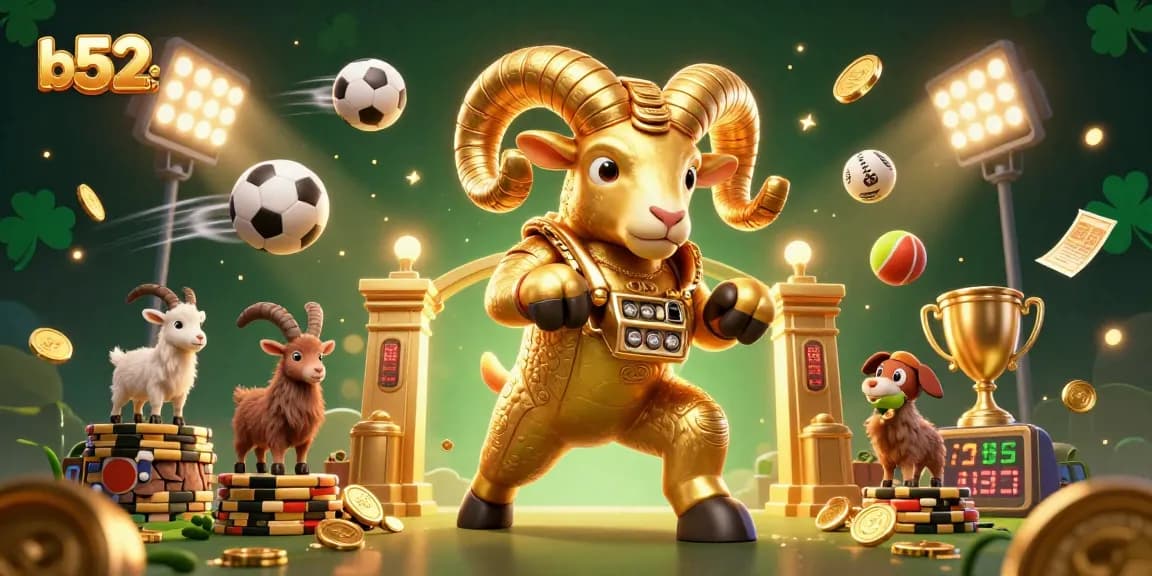 Experience the excitement of b52club with a golden ram amidst vibrant gaming elements.