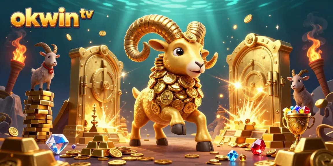 Experience thrilling gaming with okwin tv, featuring a golden ram and dazzling gems in a dynamic casino scene.