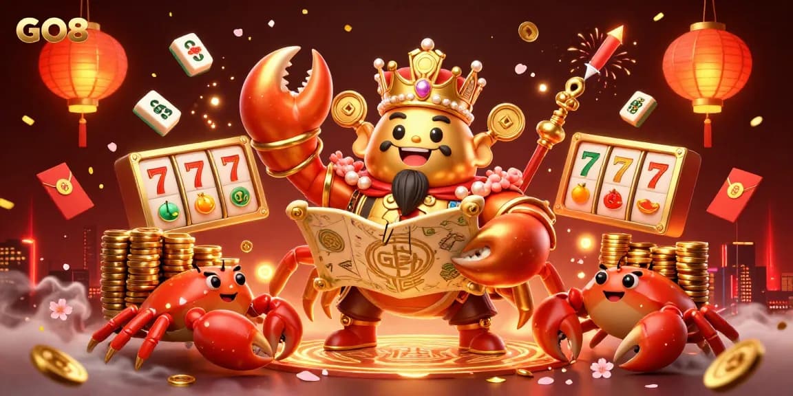 Experience the vibrant world of GO8 with a golden crab emperor and dynamic gaming elements!