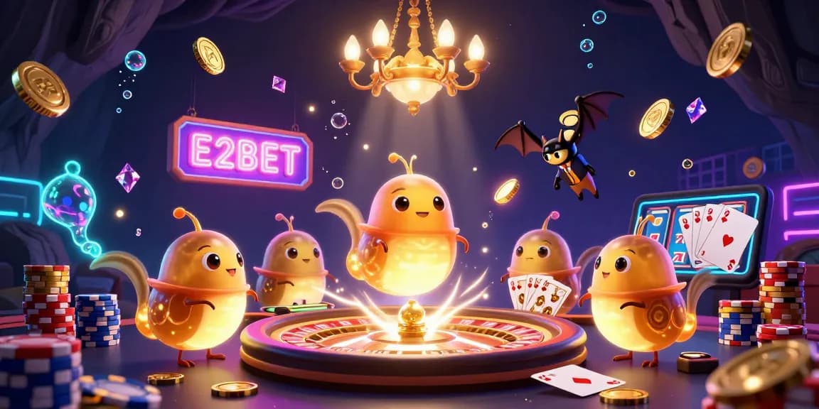 E2BET: Engage with thrilling online casino action featuring vibrant casino elements and energetic glowworms.