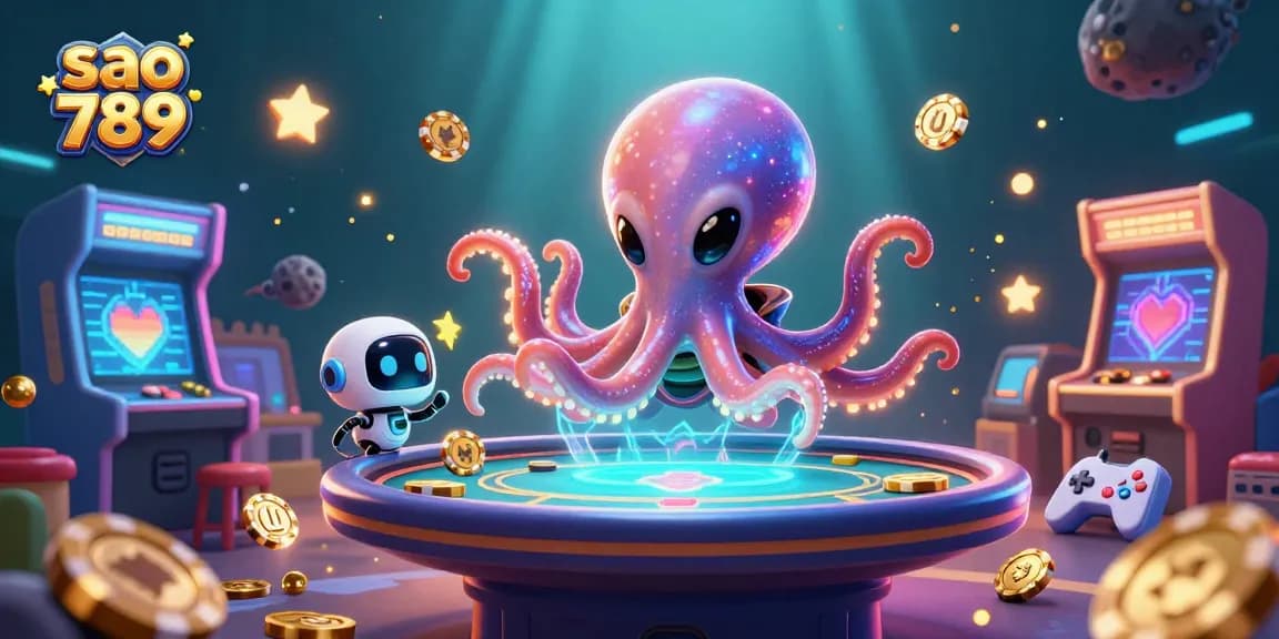 Play exciting games at sao 789 with the alien octopus and robot, amidst vibrant 3D casino elements!