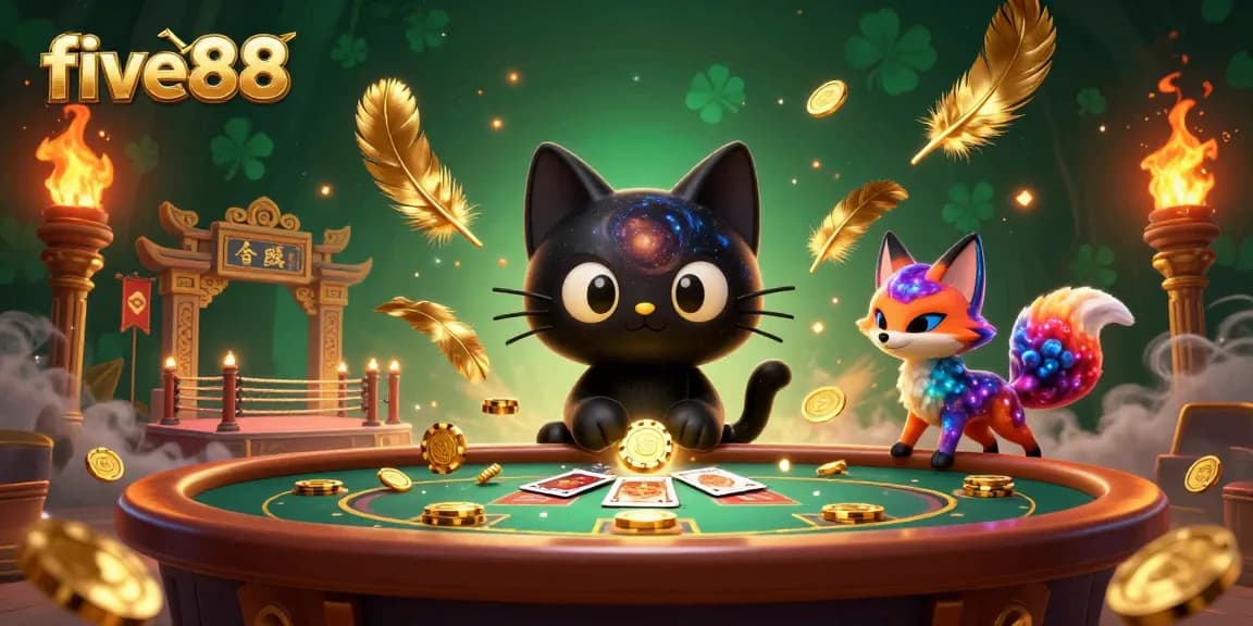 Engage in gaming excitement with five88 as a black hole cat attracts golden chips at a cosmic casino.