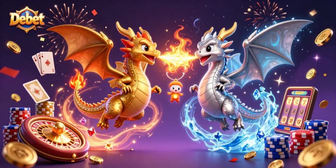 Engage in thrilling wins at Debet with dragons battling amidst golden coins and sparkling gems.