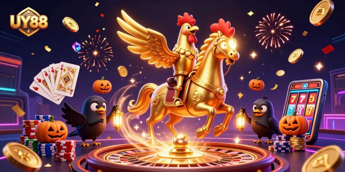 Engage in thrilling gameplay at UY88 with a golden rooster and vibrant casino elements.