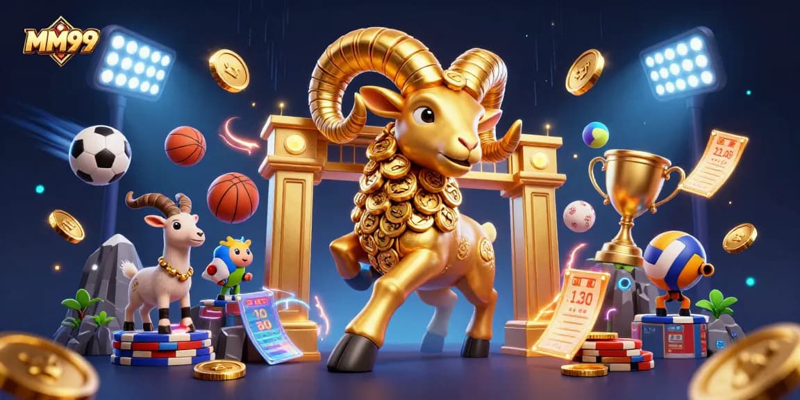 Experience exhilarating gaming with MM99, featuring a golden ram charging through a vibrant casino scene.