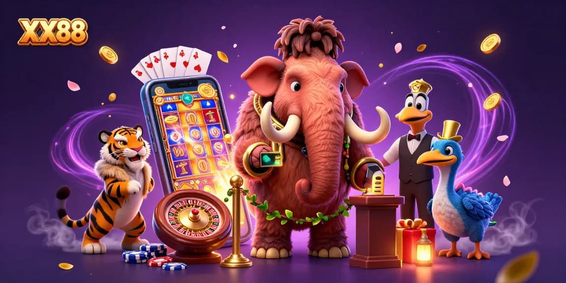Experience XX88's vibrant casino world with a mammoth bouncer, tiger VIP, and dodo doorman.