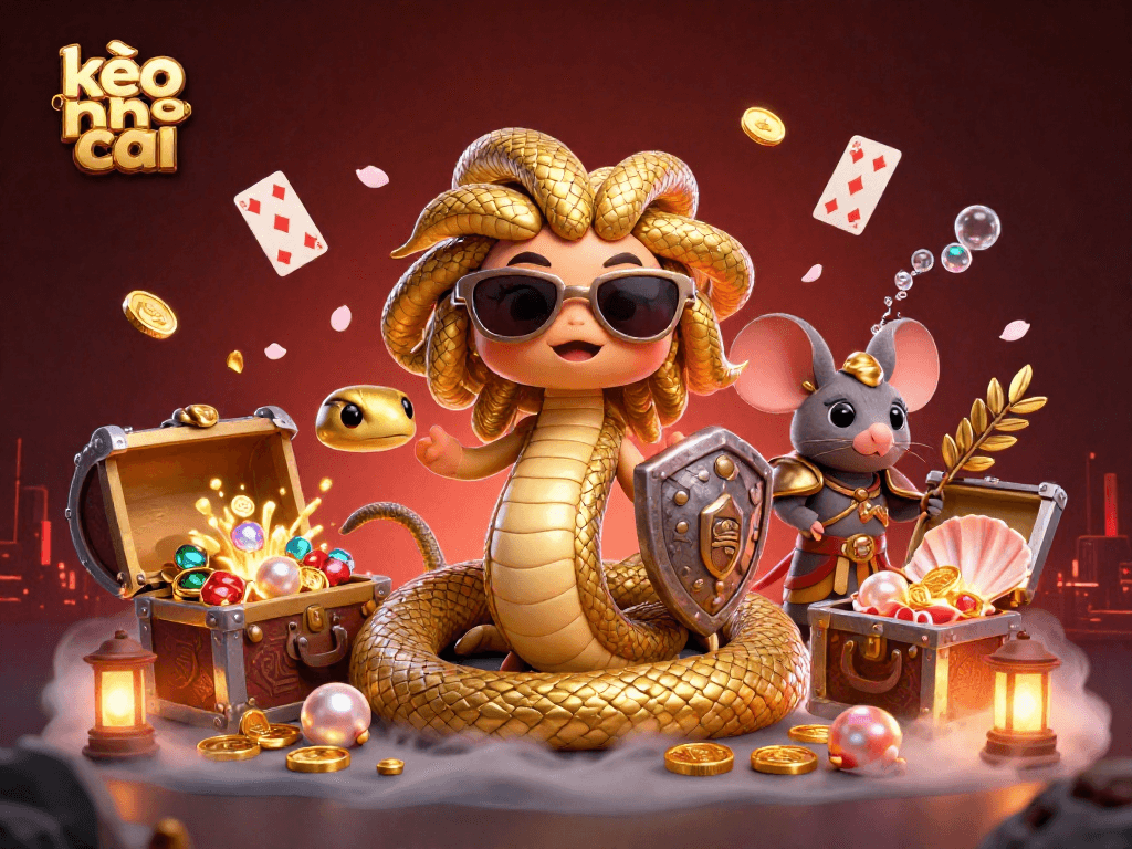 Engage with thrilling kèo nhà cái moments highlighted by Medusa and a warrior mouse surrounded by treasure.