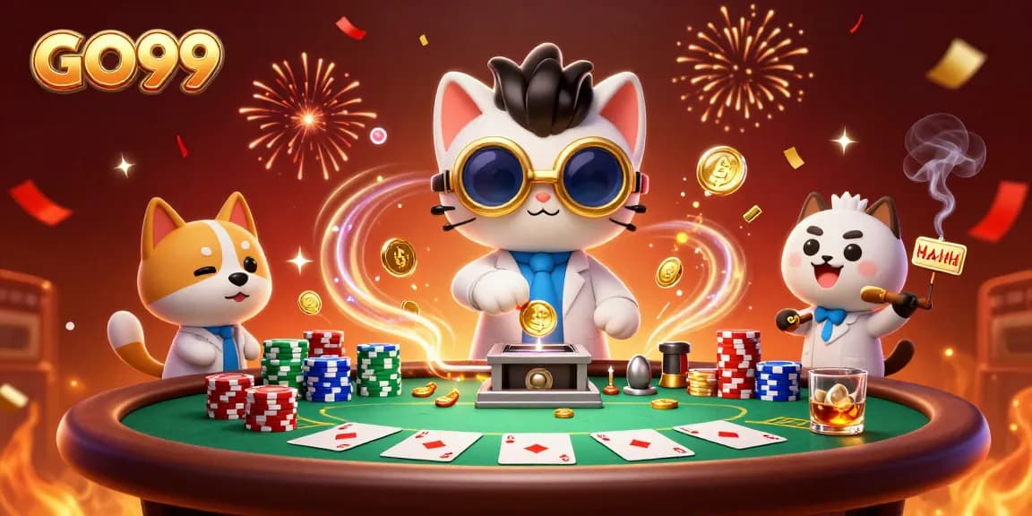 Experience the excitement of GO99 with vivid casino action featuring a mad scientist cat and lab assistant dog.