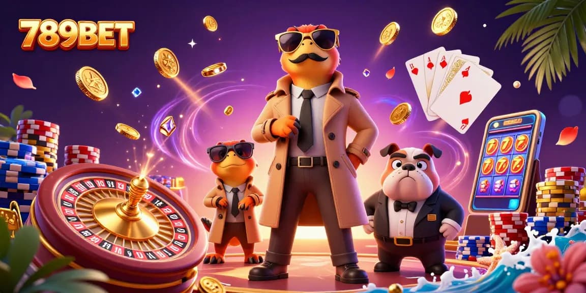 Experience the excitement of 789BET with cartoon raptors in a trench coat entering a VIP lounge amidst casino elements.