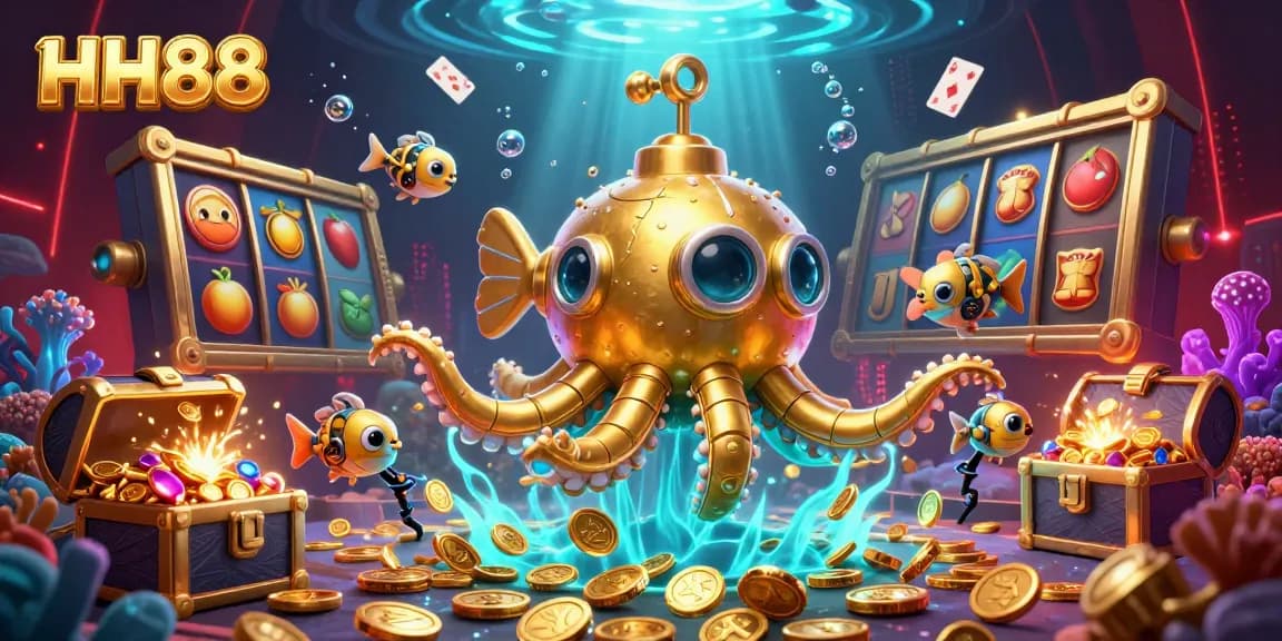 Experience thrilling gameplay with HH88's vibrant slot scene featuring a golden kraken and treasure.