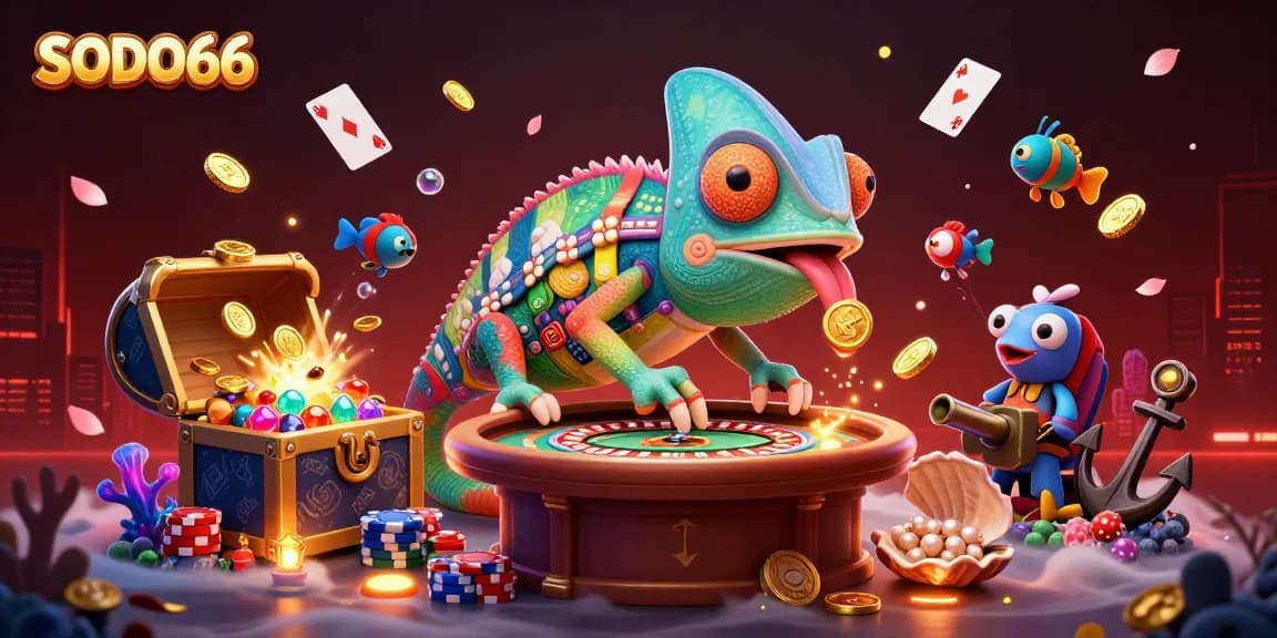 SODO66 casino highlights a vibrant scene with a colorful chameleon owner, gold coins flying, and rich game elements.