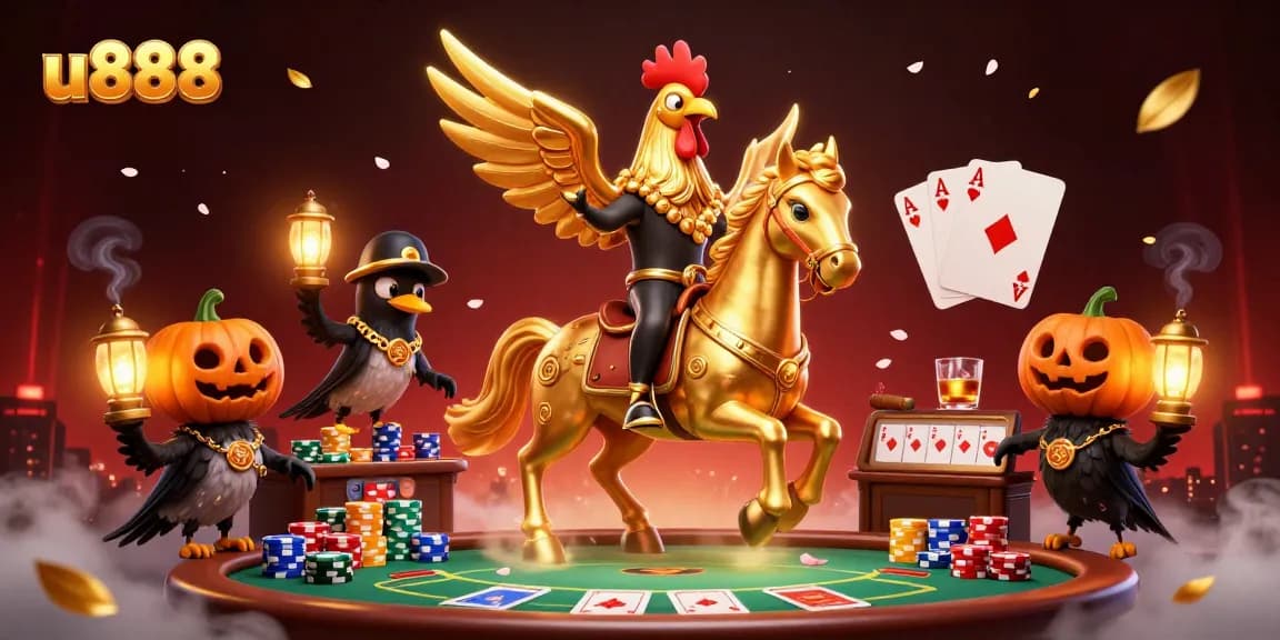 u888 showcases a golden rooster headless horseman in a thrilling casino scene, enhancing gambling excitement.