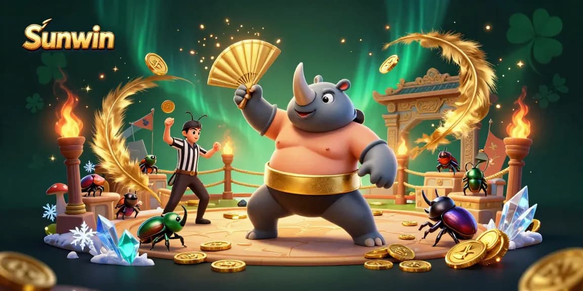 Sunwin showcases an epic beetle combat scene with thrilling coin action in a vibrant casino arena.