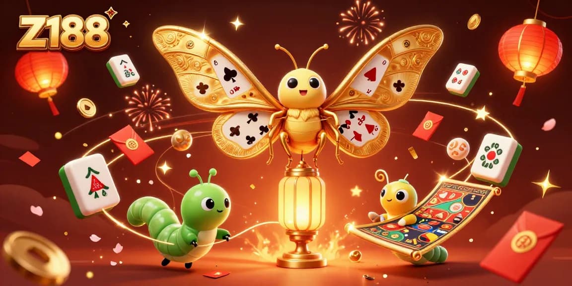 Experience the excitement of Z188 with vibrant casino elements and a majestic moth in a rich illustration.