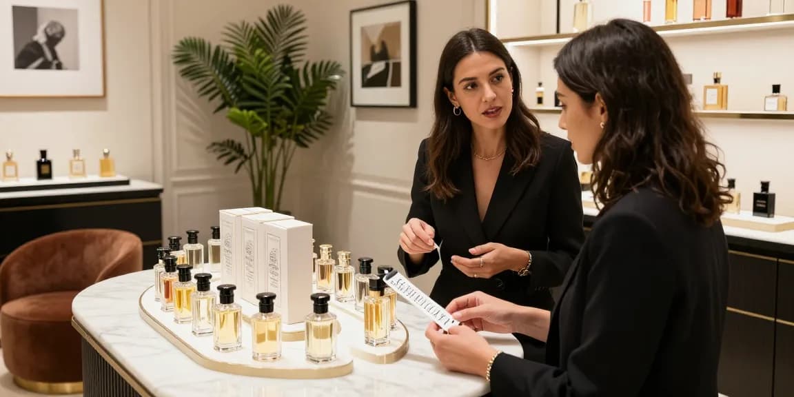 Maison Crivelli fragrance showcase with diverse scents, elegant customer exploring luxury perfume in boutique.