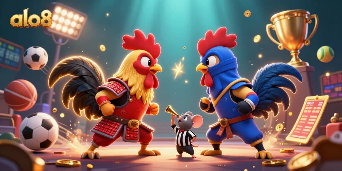 Engage with alo8's thrilling action as roosters in armor battle amidst dynamic sports elements.