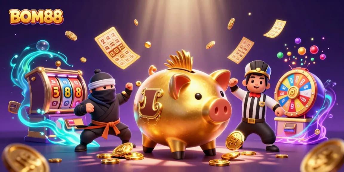 BOM88 showcases a lively scene with a sumo wrestler piggy bank, a ninja, and a samurai amidst a cascade of slot reels and gold.