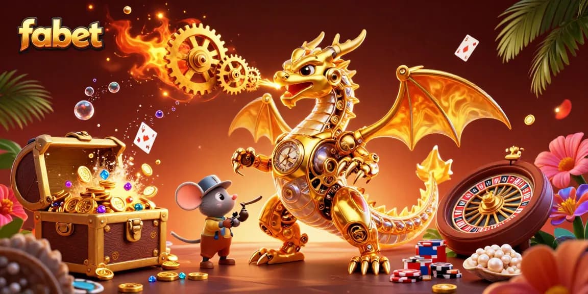 Engage with fabet's thrilling casino environment filled with gold coins, vibrant cards, and an exciting dragon character.