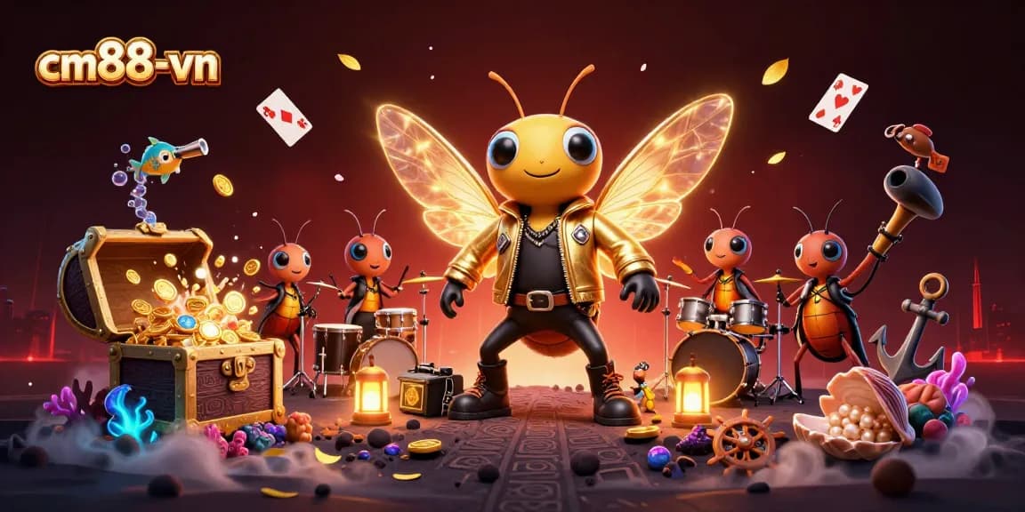 Engage with cm88-vn's vibrant gambling scene showcasing a cartoon cicada star amidst dynamic treasures.