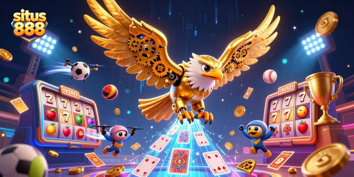 Experience thrilling gameplay at situs 888 with immersive cartoon eagle soaring through slot reels and holographic cards.