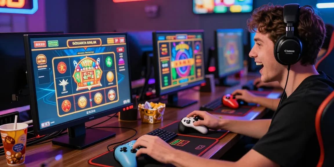 Engaged player exploring credit card casinos at scoarch.org.uk with vibrant gaming setup and snacks.