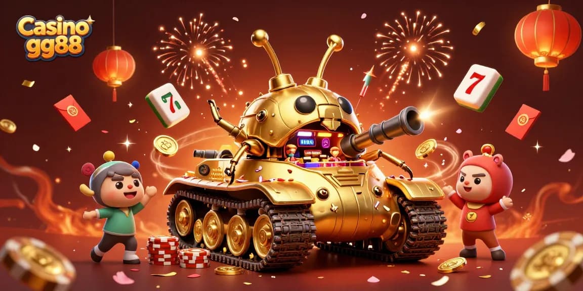 Casino gg88 features a lavish 3D illustration of a gold beetle tank casino surrounded by festive details.