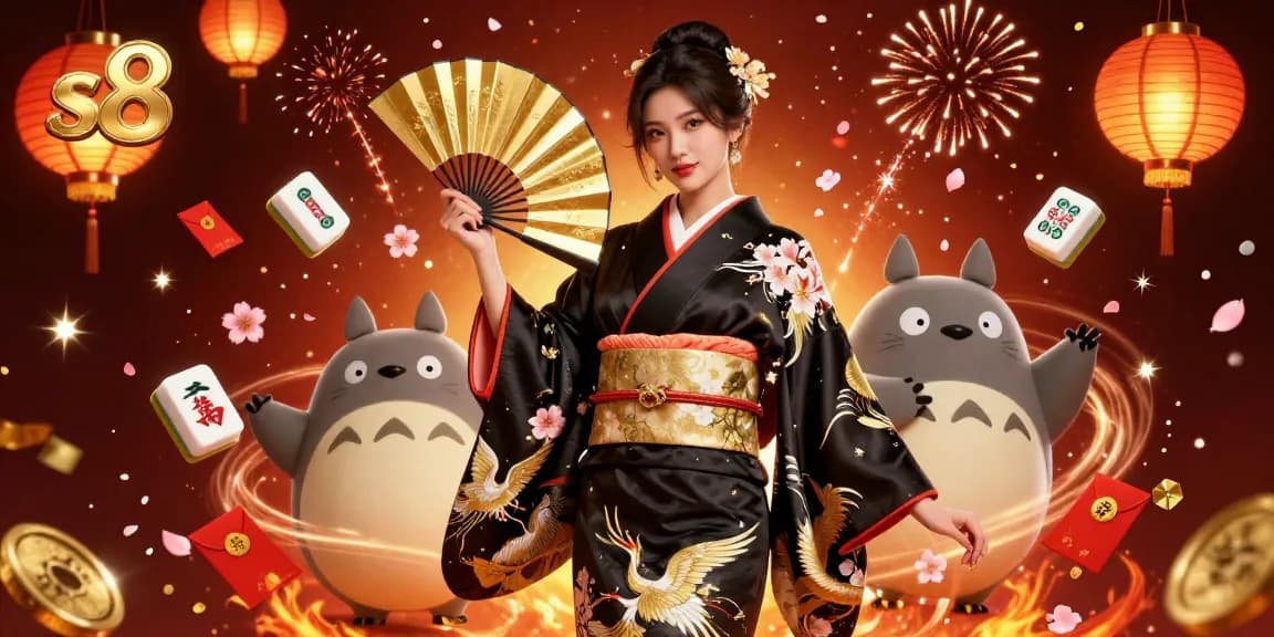S8 offers a vibrant casino experience featuring a woman and a tanuki amidst festive gaming elements.