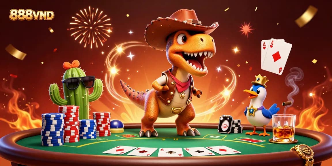 Experience 888VND with a dynamic casino scene featuring a T-Rex and poker elements.