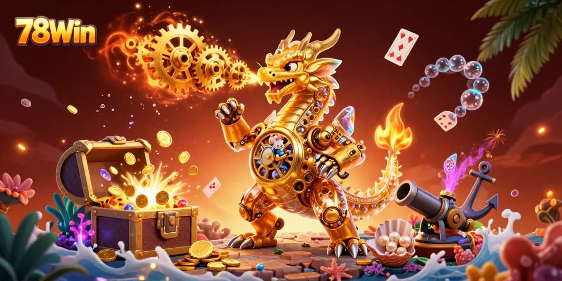 Experience the thrill of 78Win as the golden dragon unleashes treasures amidst vibrant casino elements.
