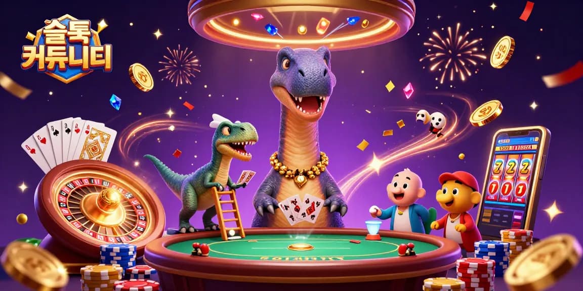 Engage with the vibrant 감동의 슬롯 커뮤니티 featuring a playful brontosaurus, raptor, and a cascade of thrilling casino elements.