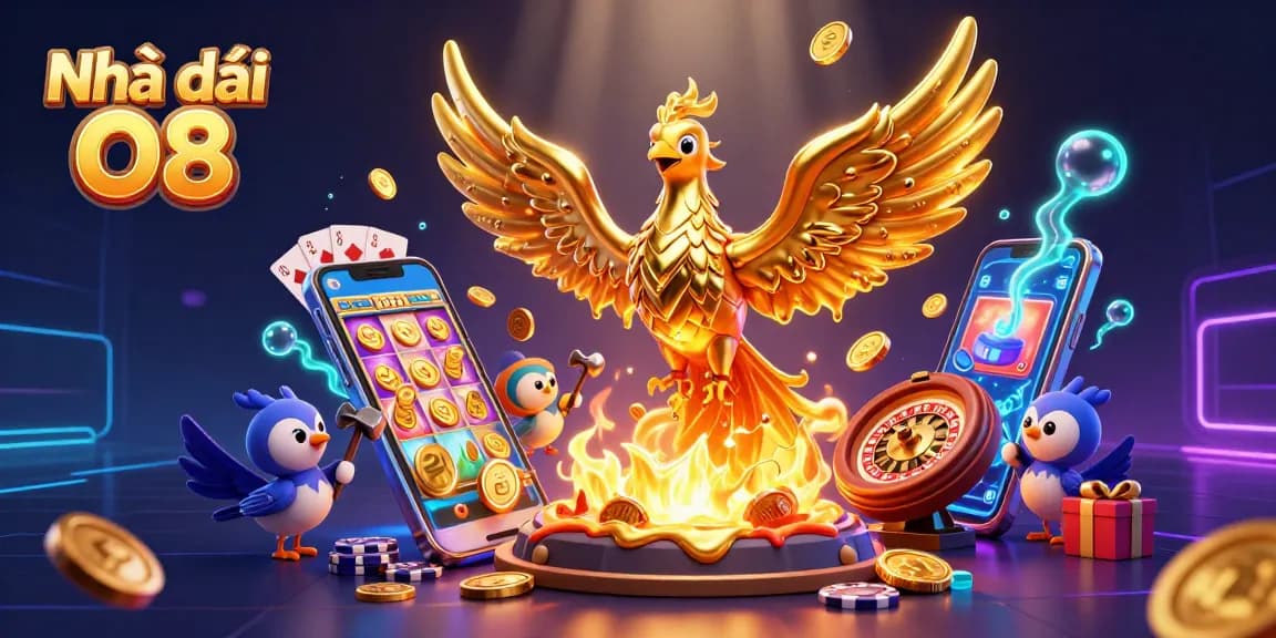 Experience the excitement of Nhà cái O8 with this dynamic casino illustration featuring a golden phoenix and vibrant gaming elements.