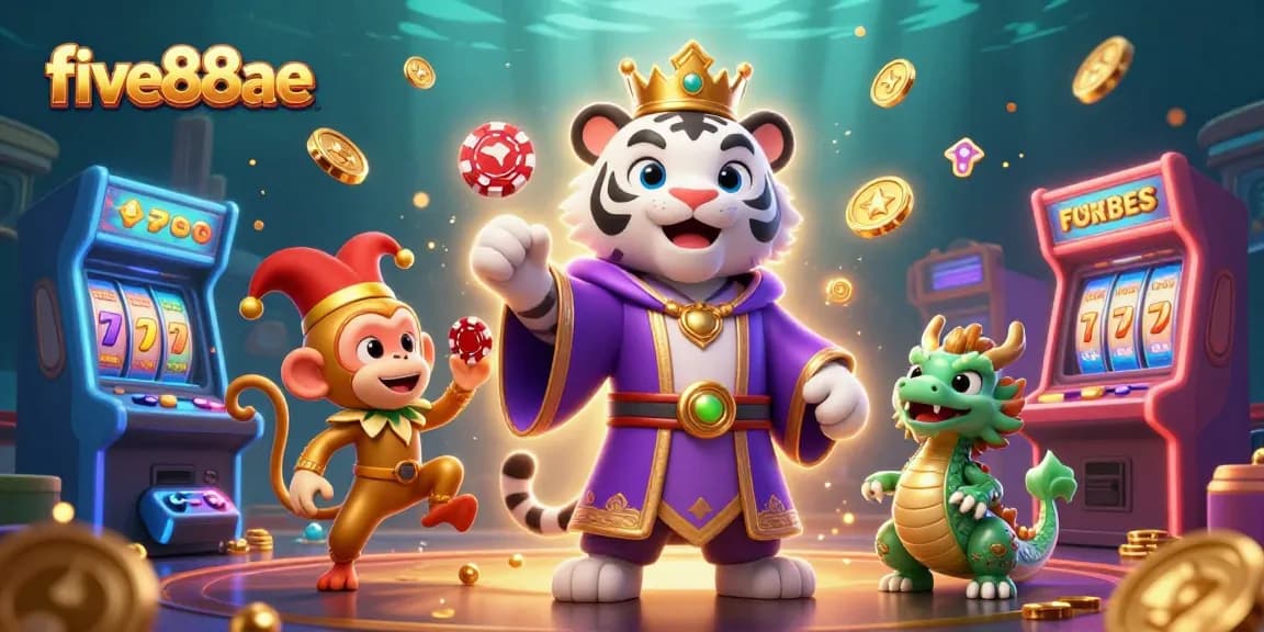 Experience thrilling gameplay at five88ae with a lively 3D casino scene featuring a majestic tiger and playful monkey.