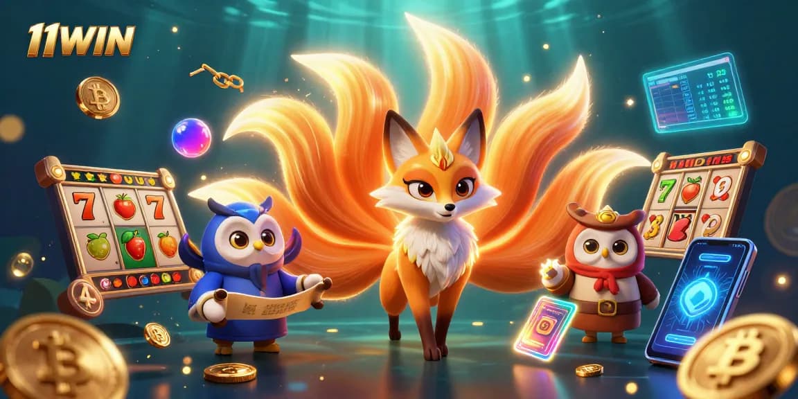 Experience thrilling gaming at 11WIN with vibrant slot reels and mystical characters in a dazzling casino scene.