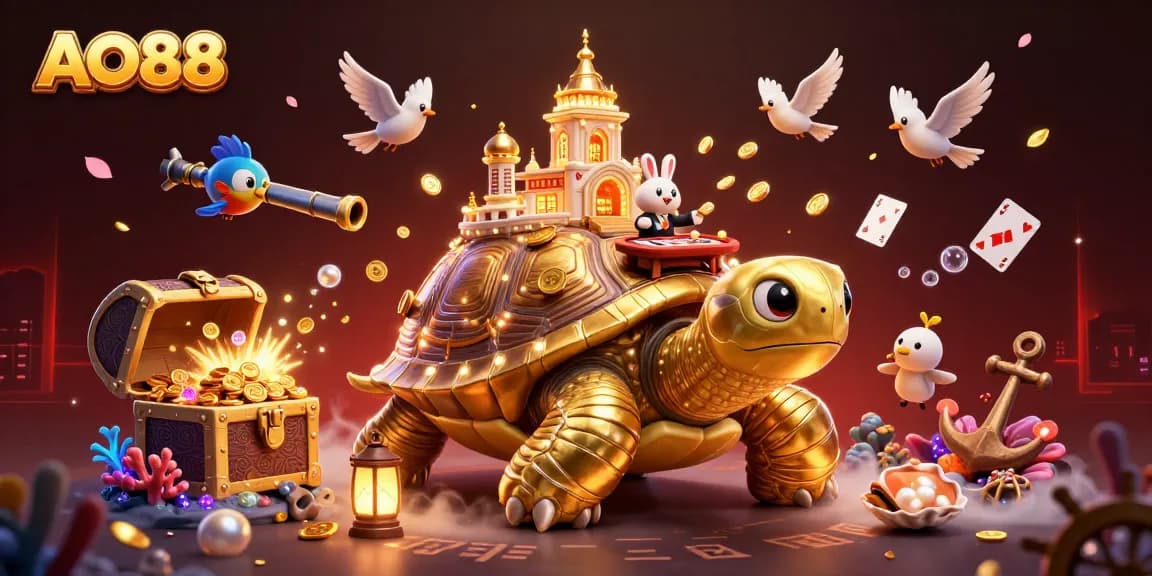 Experience the thrilling action at AO88 with a giant tortoise carrying a casino while coins soar through the air.