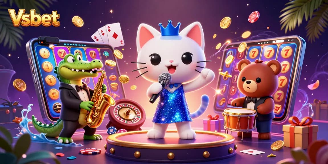 Experience the vibrant excitement of Vsbet with colorful slot games and lively casino characters.
