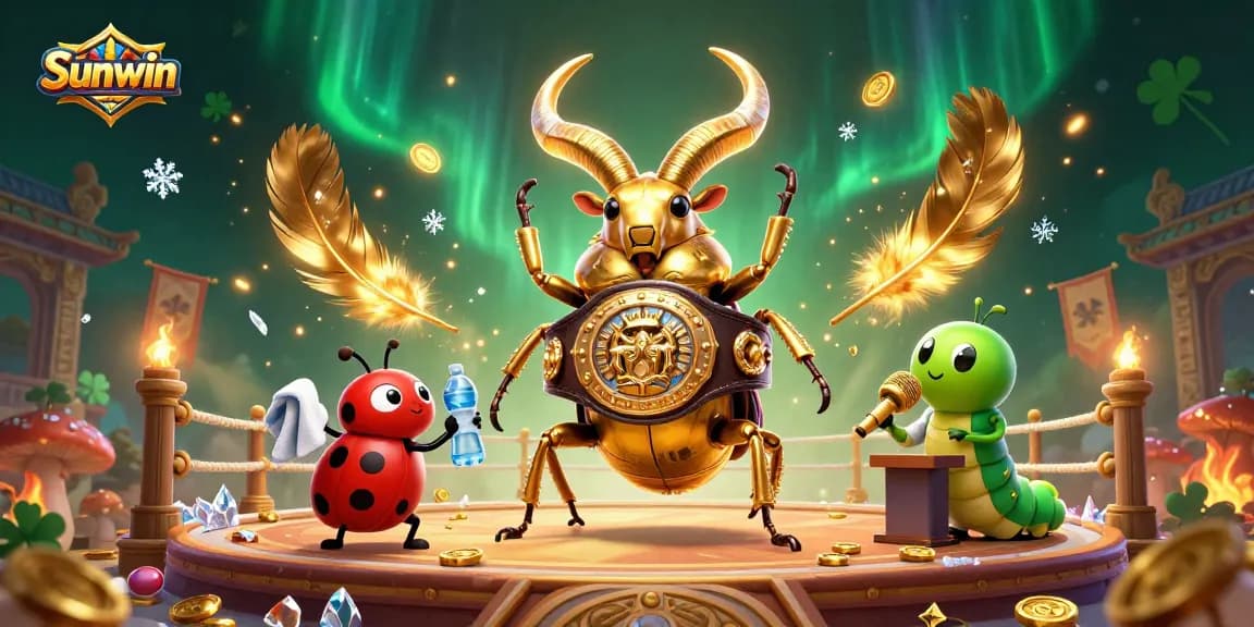 Sunwin betting excitement with a golden beetle champion and dynamic casino elements.