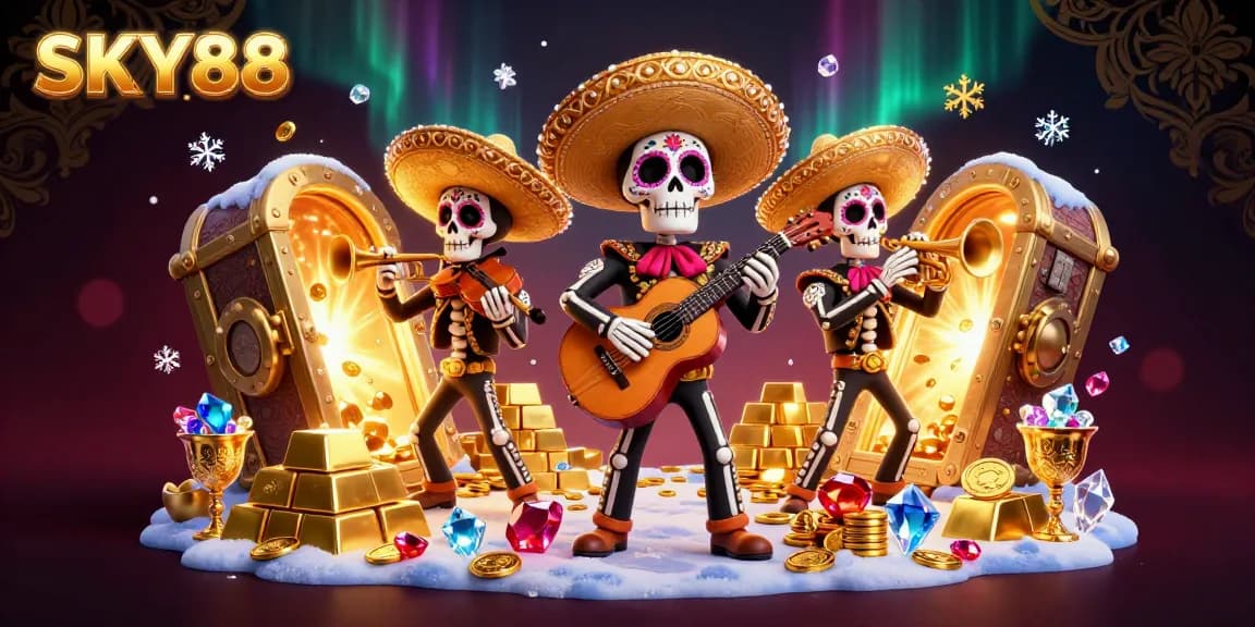 Engage with SKY88's vibrant casino experience featuring mariachis and golden treasures.