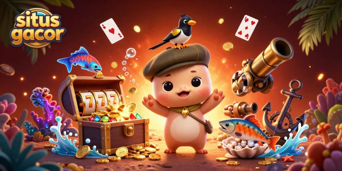Situs gacor celebrates wins with 3D cartoon characters enjoying slots and treasures in a vibrant scene.