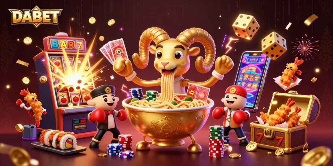 DABET features a lively scene with a golden ramen bowl dealing cards in a packed casino setting.